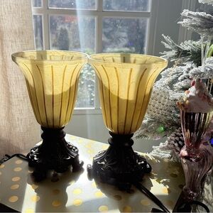 Elegant Yellow Glass Vintage Torchiere pair Table Lamps